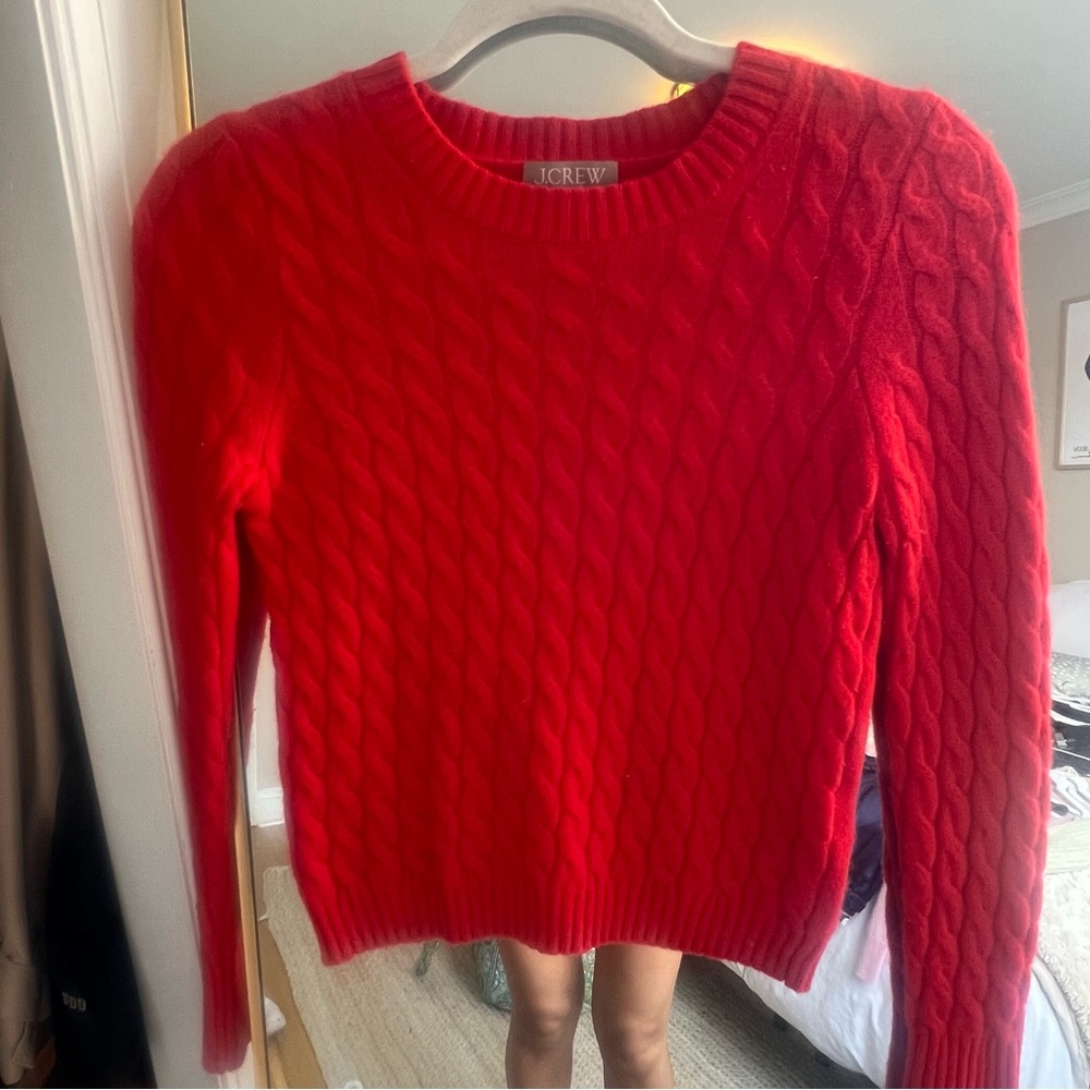 J. Crew Red Cable Cashmere Crewneck Sweater
